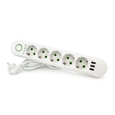 Мережевий фільтр F05U, 5 розеток EU + 3 USB, 1.5 м, перетин 3х0, 75мм, 2500W, White, Box Зображення