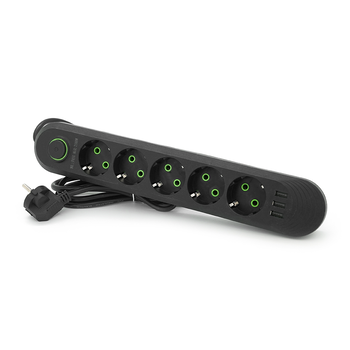 Мережевий фільтр F05U, 5 розеток EU + 3 USB, 1.5 м, перетин 3х0, 75мм, 2500W, Black, Box Изображение