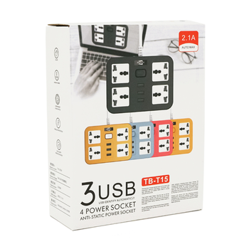 Мережевий фільтр ТВ-Т15, 4 розетки + 3 USB, 2 м, перетин 3х0, 75мм, 2500W, Black, Box Зображення
