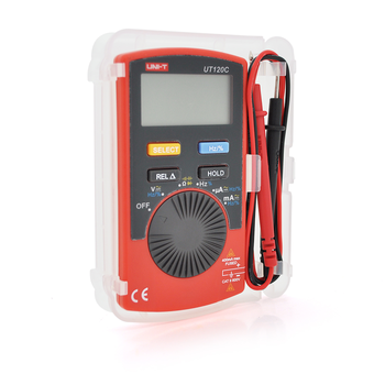 Мультиметр UNI-T UT120C: вимірювання V A Ω C Hz °C. Функції True RMS продзвінку тест діодів перевірка транзисторів. Габарити 110 58 11 мм. Вага 76 г. Зображення
