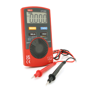 Мультиметр UNI-T UT120A. Вимірювання: V (AC/DC), Ω, Hz, DUTY. Функції: Hold, REL, продзвонювання, тест діодів, авто-діапазон. 110x58.2x10.8 мм. 76 г Зображення