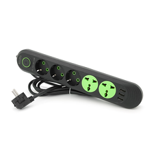 Мережевий фільтр F02U, 3 розетки EU + 2 розетки Universal + 3 USB, 1.5 м, перетин 3х0, 75мм, 2500W, Black, Bag Зображення