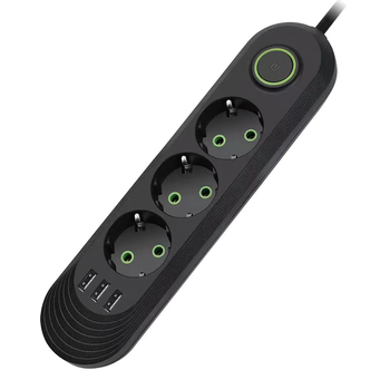 Мережевий фільтр F03U, 3 розетки EU + 3 USB, 1.5 м, перетин 3х0, 75мм, 2500W, Black, Bag Изображение
