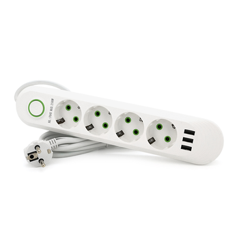 Мережевий фільтр F04U, 4 розетки EU + 3 USB, 1.5 м, перетин 3х0, 75мм, 2500W, White, Box Зображення