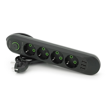 Мережевий фільтр F04U, 4 розетки EU + 3 USB, 1.5 м, перетин 3х0, 75мм, 2500W, Black, Box Зображення