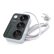 Мережевий фільтр LDNIO SE3631, 3 Розетки + 6 USB, 2 м, перетин 3х0,75мм, Black, Box Зображення