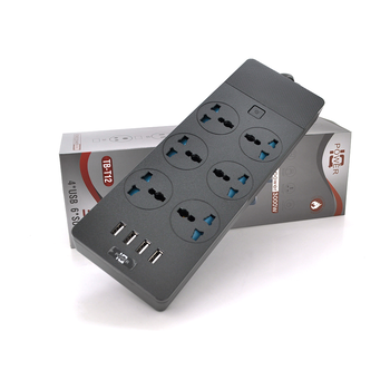 Мережевий фільтр ТВ-Т12, 6 розеток + 4 USB, 2 м, перетин 3х0,75мм, 3000W, Black, Box Зображення