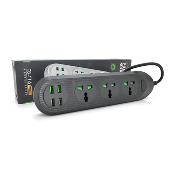 Мережевий фільтр ТВ-Т16mini, 3 розетки + 4 USB, 2 м, перетин 3х0,75мм, 3000W, Black, Box Зображення