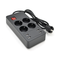 Мережевий фільтр на 4 розетки + 4 USB виходи 5V-2.4A, кнопка включення з індикатором, 16A, 250V/4000W, Black Зображення