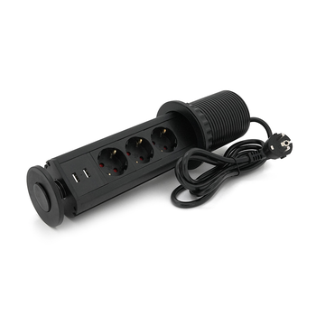 Мережевий фільтр вбудований в столешнішцу, 3 Розетки + 2 USB, перетин 3х0,75мм, 16А, 250V, 2 м, Black, круглий, діаметр 80мм, Box Зображення
