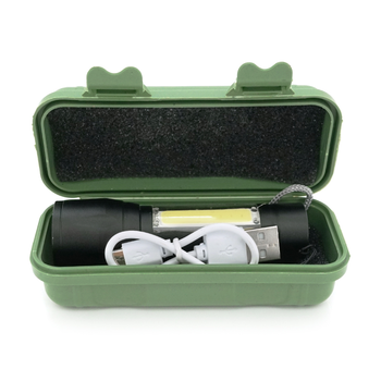 Ліхтарик 511COB, 3WLED+COB, CREE Q5, Zoom, 3 режима, алюміній, вбудований акум, USB кабель, 98х24х20, Box Зображення