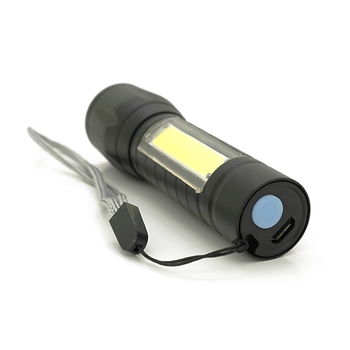 Ліхтарик 511COB, 3WLED+COB, CREE Q5, Zoom, 3 режима, алюміній, вбудований акум, USB кабель, 98х24х20, Box Зображення