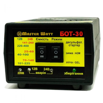 Десульфатирующее ЗУ БОТ-30 для акумулятора 12/24V (25-400Ah) (MF, WET, AGM, GEL, CA/CA), 160-245V, Струм заряду 20А, з функцією пуску Изображение