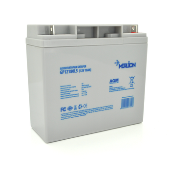 Акумуляторна батарея MERLION AGM GP12180L5 12 V 18 Ah ( 180 x 78 x 165 (168)), 4.65 kg, Grey, Q4/192 Изображение
