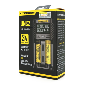 Зарядний пристрій універсальний Nitecore Digicharger UMS2, 2 канали, LCD дисплей, підтримує Li-ion, Ni-MH та Ni-Cd AA (R6), ААA (R03), С (R14) Изображение