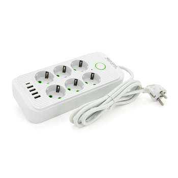 Сетевой фильтр Meilepai F06U, 6 розеток EU + 4 USB + 1PD, кнопка включения с индикатором, 2 м, 3х0,75мм, 2500W, White, Box Зображення