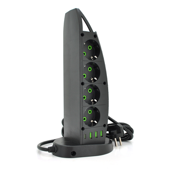 Мережевий фільтр Meilepai F14, 8 розеток EU+3 USB+Type-C, кнопка включення з індикатором, 2 м, 3х0,75мм, 2500W, Black, Box Зображення