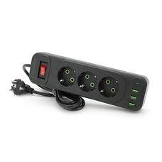 Мережевий фільтр Meilepai F23U, 3 розетки EU +3 USB + PD, кнопка включення з індикатором, 2 м, 3х0,75мм, 2500W, Black, Box Зображення