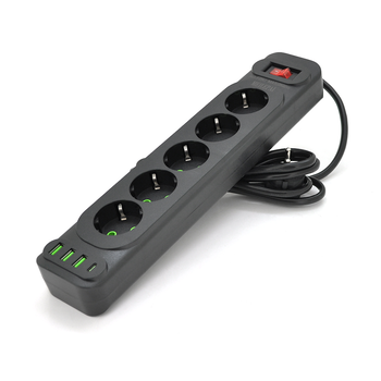 Мережевий фільтр Meilepai F25U, 5 розеток EU+3 USB+PD, кнопка включення з індикатором, 2 м, 3х0,75мм, 2500W, Black, Box Изображение