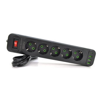 Мережевий фільтр Meilepai F25U, 5 розеток EU+3 USB+PD, кнопка включення з індикатором, 2 м, 3х0,75мм, 2500W, Black, Box Изображение