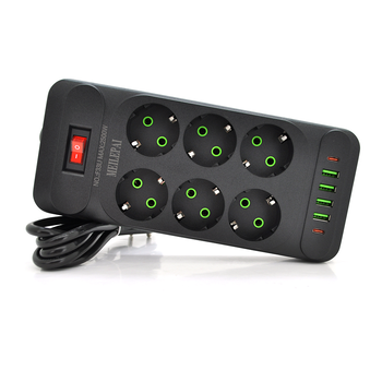 Мережевий фільтр Meilepai F33U, 6 розеток EU + 4 USB + 2 PD, кнопка включення з індикатором, 2 м, 3х0,75 мм, 2500W, Black, Box Зображення