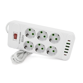 Мережевий фільтр Meilepai F33U, 6 розеток EU + 4 USB + 2 PD, кнопка включення з індикатором, 2 м, 3х0,75 мм, 2500W, White, Box Изображение
