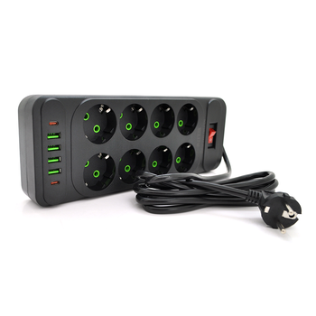 Мережевий фільтр Meilepai F34U, 8 розеток EU + 4 USB + 2 PD, кнопка включення з індикатором, 2 м, 3х0,75 мм, 2500W, Black, Box Зображення
