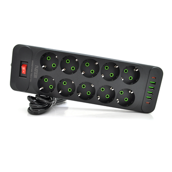 Мережевий фільтр Meilepai F35U, 10 розеток EU + 4 USB + 2 PD, кнопка включення з індикатором, 2 м, 3х0,75 мм, 2500W, Black, Box Изображение