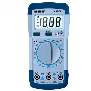 Мультиметр ANENG AN-A830L. Вимірювання: V DC, V AC, A DC, A AC, Ω, C, F, hFE, °C. Функції: продзвонювання, перевірка діодів, транзисторів. Изображение