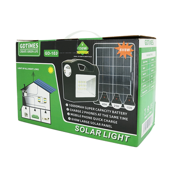 Переносний ліхтар GD-103+ Solar, 1+1 режим, 1+15Led, вбудований аккум-Powerbank 10000mAh, 2USB, 3 лампочки 3W, USB вихід, Black, Box Зображення