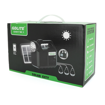 Переносний ліхтар GD-8017+ Solar, 1+1 режим, вбудований акум, 3 лампочки 3W, USB вихід, Black, Box Зображення