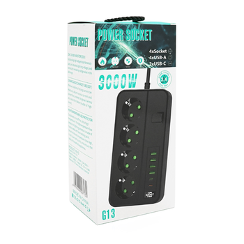 Мережевий фільтр із захистом від перенапруги G13, 3000W, 4 Socket + 4 USB 3,2 А + 2 Type-C, 2м, Black, Box Зображення