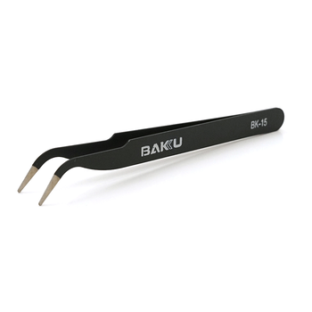 Пінцет вигнутий BAKKU BK-15 із чорним антистатичним покриттям. Изображение