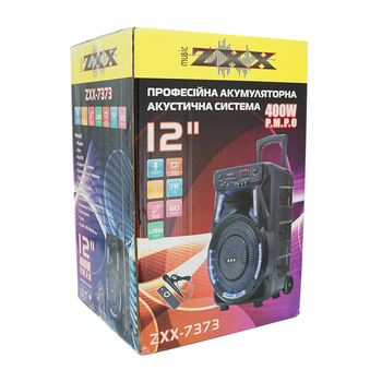 Потужна акустична система з підсвічуванням ZXX-7373, 400W, Дротовий мікрофон, вбудований акум 12В 7А, живлення 220в, Black, Box Зображення