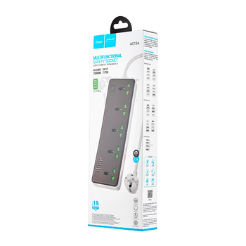 Мережевий фільтр HOCO AC13A на 5 розеток + 3 USB + USB-C, 17W, кабель 1,5 м, 220В, Black, Box Зображення