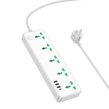 Мережевий фільтр HOCO AC13A на 5 розеток + 3 USB + USB-C, 17W, 220В, кабель 1,5м, White, Box Изображение