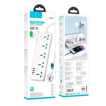 Мережевий фільтр HOCO AC13A на 5 розеток + 3 USB + USB-C, 17W, 220В, кабель 1,5м, White, Box Изображение