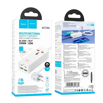 Мережевий фільтр HOCO AC10A на 1 розетку + 2 USB + 2 USB-C, 65W, кабель 1,5 м, 220В, White, Box Зображення