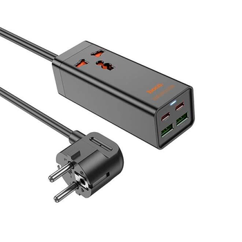 Мережевий фільтр HOCO AC10A на 1 розетку + 2 USB + 2 USB-C, 65W, кабель 1,5 м, 220В, Black, Box Зображення