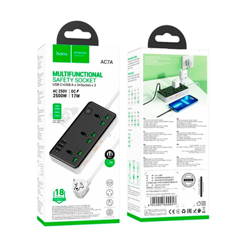 Мережевий фільтр HOCO AC7A на 3 розетки + 3 USB+USB-C, 17W, 220В, кабель 1,5м, Black/White, Box Зображення