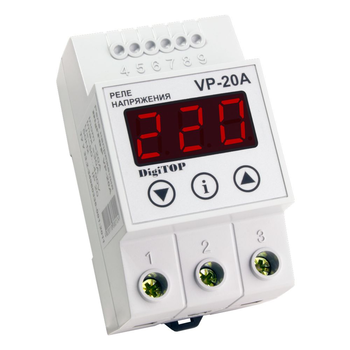 Захисне реле напруги однофазне VP-20A на DIN-рейку, 20А, 4400Вт, 120-270В, тримодульне з індикатором напруги (червоний) Зображення