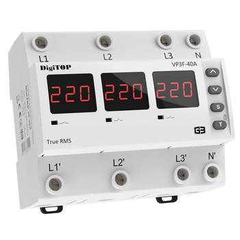 Реле напруги дворежимне одно/трифазне VP-3F40А M6R на DIN-рейку, 3*40А, 3*8500Вт, 120-270В, шестимодульне з індикатором напруги (Червоний) Зображення