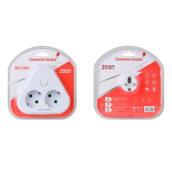 Розетка трійник із заземленням F201-White з вимикачем, 2 розетки, 2500W, 10A, 110-250V~Max, Blister Изображение