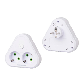 Розетка трійник із заземленням F201-White з вимикачем, 2 розетки, 2500W, 10A, 110-250V~Max, Blister Изображение