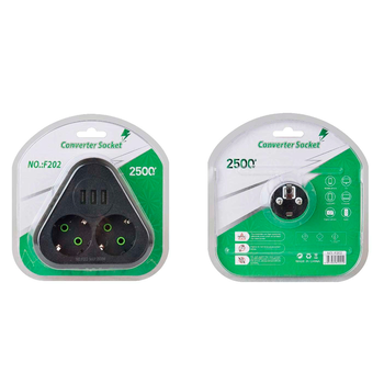 Розетка трійник із заземленням F202-Black, 2 розетки+3USB(1А), 2500W, 10A, 110-250V~Max, Blister Изображение