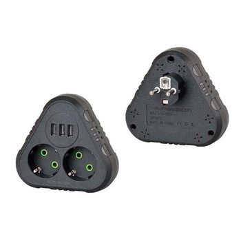 Розетка трійник із заземленням F202-Black, 2 розетки+3USB(1А), 2500W, 10A, 110-250V~Max, Blister Изображение