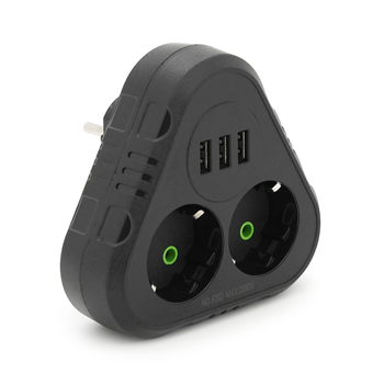 Розетка трійник із заземленням F202-Black, 2 розетки+3USB(1А), 2500W, 10A, 110-250V~Max, Blister Изображение