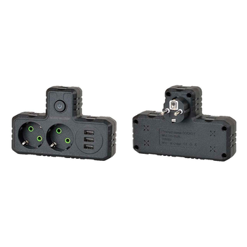 Розетка трійник Т-подібний із заземленням F302-Black, 2 розетки+3USB(1А), 2500W, 10A, 110-250V~Max, Blister Изображение