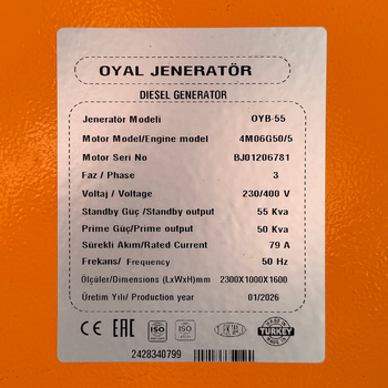 Дизельний генератор OYAL OYB-55 BAUDOUIN 4M06G55-5 55KVA/48KW, Альтернатор OYL224D, витрата 75% навантаження - 8,8 літрів/год, 230/400 В, 50 Гц (AVR+ATS), 2400x1000x1500 мм, 1050 кг, 170 л Изображение