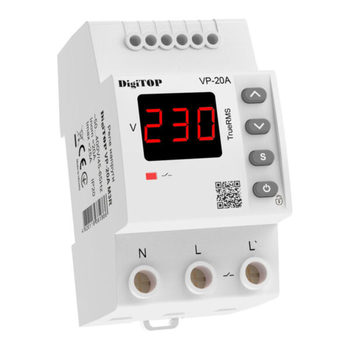 Захисне реле напруги однофазне VP-20AM3R на DIN-рейку, 20А, 4400Вт, 120-270В, тримодульне з індикатором напруги (червоний) Зображення